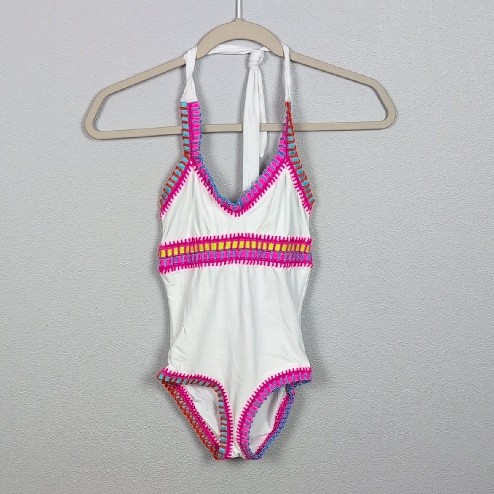 Pilyq White and Pink One Piece Swimsuit with Halter Neck